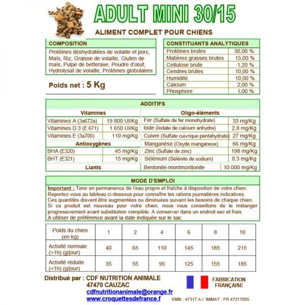 composition croquettes chien de adulte de petite taille haut de gamme fabriquées en France ACTIF 30/15