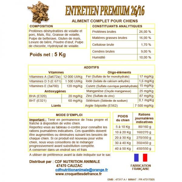 composition croquettes premium chien adulte fabriquées en France ACTIF 26/16