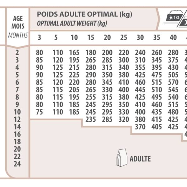 Tableau dosage journalier croquettes, ration, quantité de croquette par jour donner à mon chien