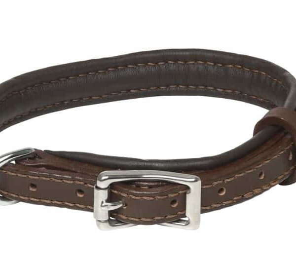 Collier cuir pour chien, doublé en peau de veau , cousu, fabriqué à la main, artisanalement, en France, avec du cuir français, couleur chocolat