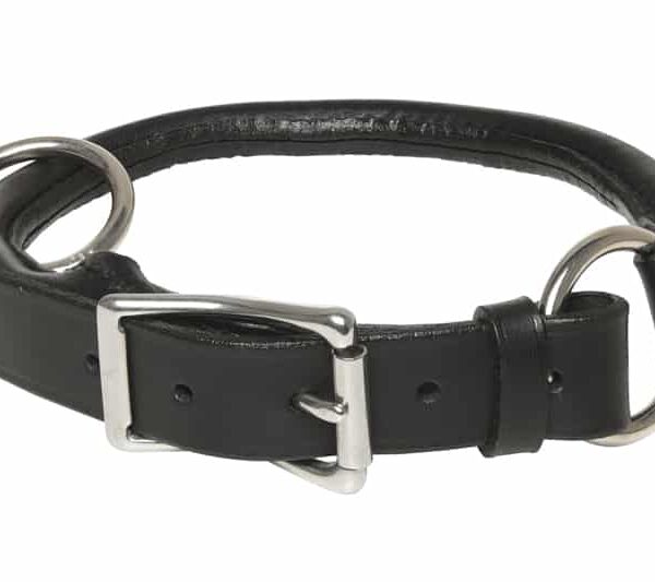 Collier cuir pour chien, rond, dressage, cousu, fabriqué à la main, artisanalement, en France, avec du cuir français, couleur noir