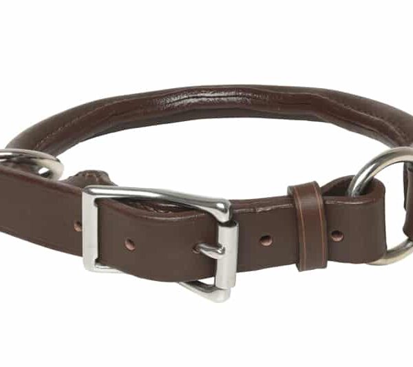 Collier cuir pour chien, rond, dressage, cousu, fabriqué à la main, artisanalement, en France, avec du cuir français, couleur chocolat