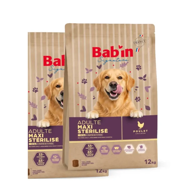 Lot de 2 paquets de 12 kg de croquettes pour chien stérilisé de grande taille, BAB’IN