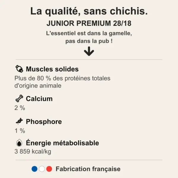 Infographie récapitulative des valeurs nutritionnelles et constituants de la recette croquettes chien JUNIOR PREMIUM 28/18